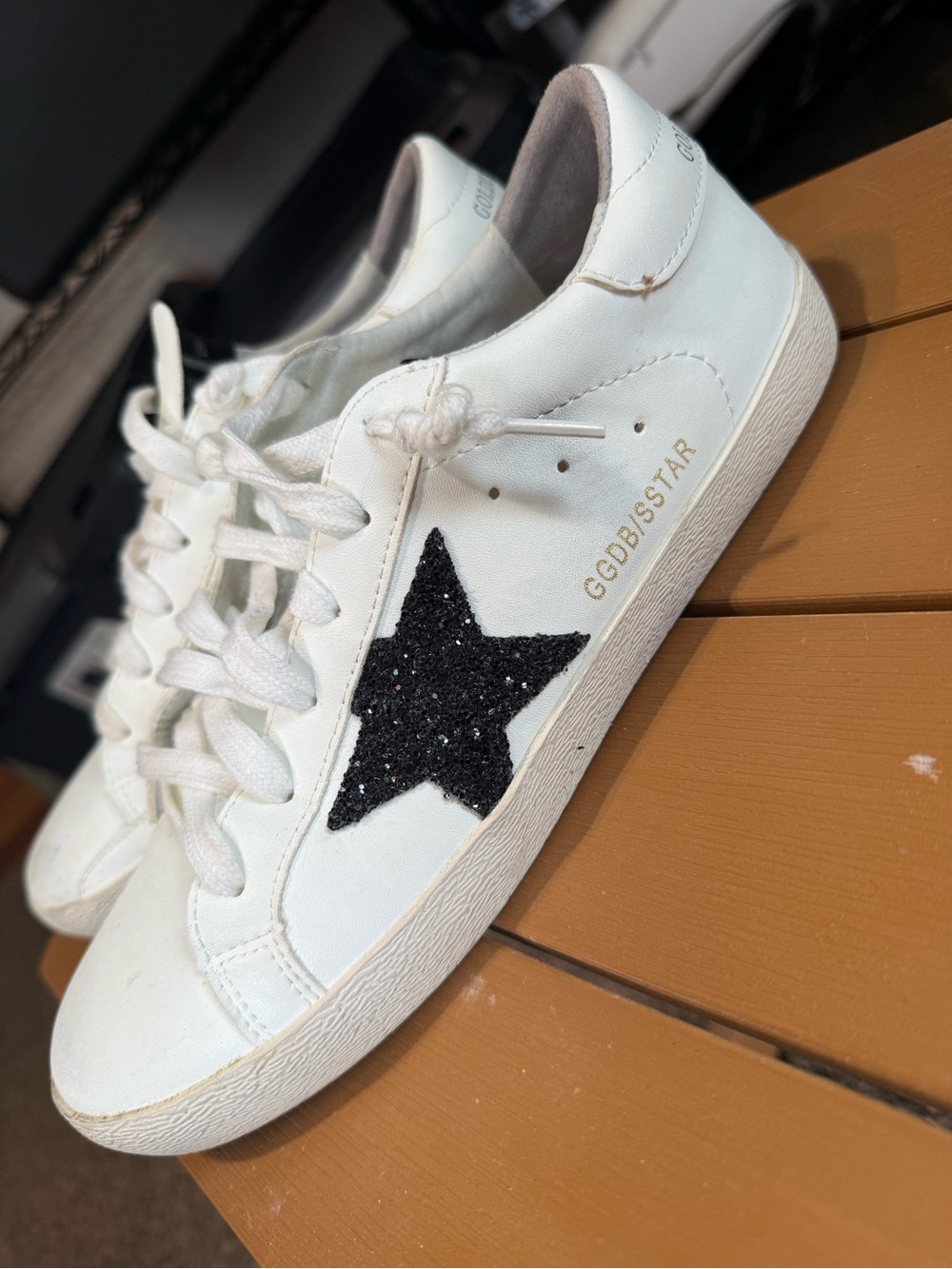 Golden Goose White Leather Sneakers with Black Glitter Star